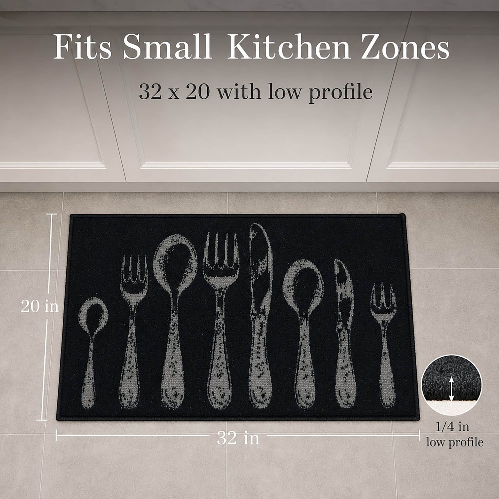 Black kitchen floor mat on tile measuring thirty two by twenty inches, with an inset showing the one quarter inch low profile height.