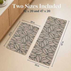 Beige leaf-print kitchen mat set showing both included sizes, thirty-two by twenty inches and forty-seven by twenty inches, with measurement arrows.