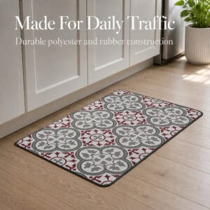 The standard kitchen mat lying on a wood floor beside white cabinets and a leafy plant, built to handle everyday foot traffic.