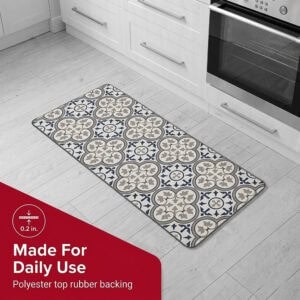 The kitchen runner on a light floor beside white cabinets and an oven, noted at zero point two inches thick with polyester top and rubber backing.