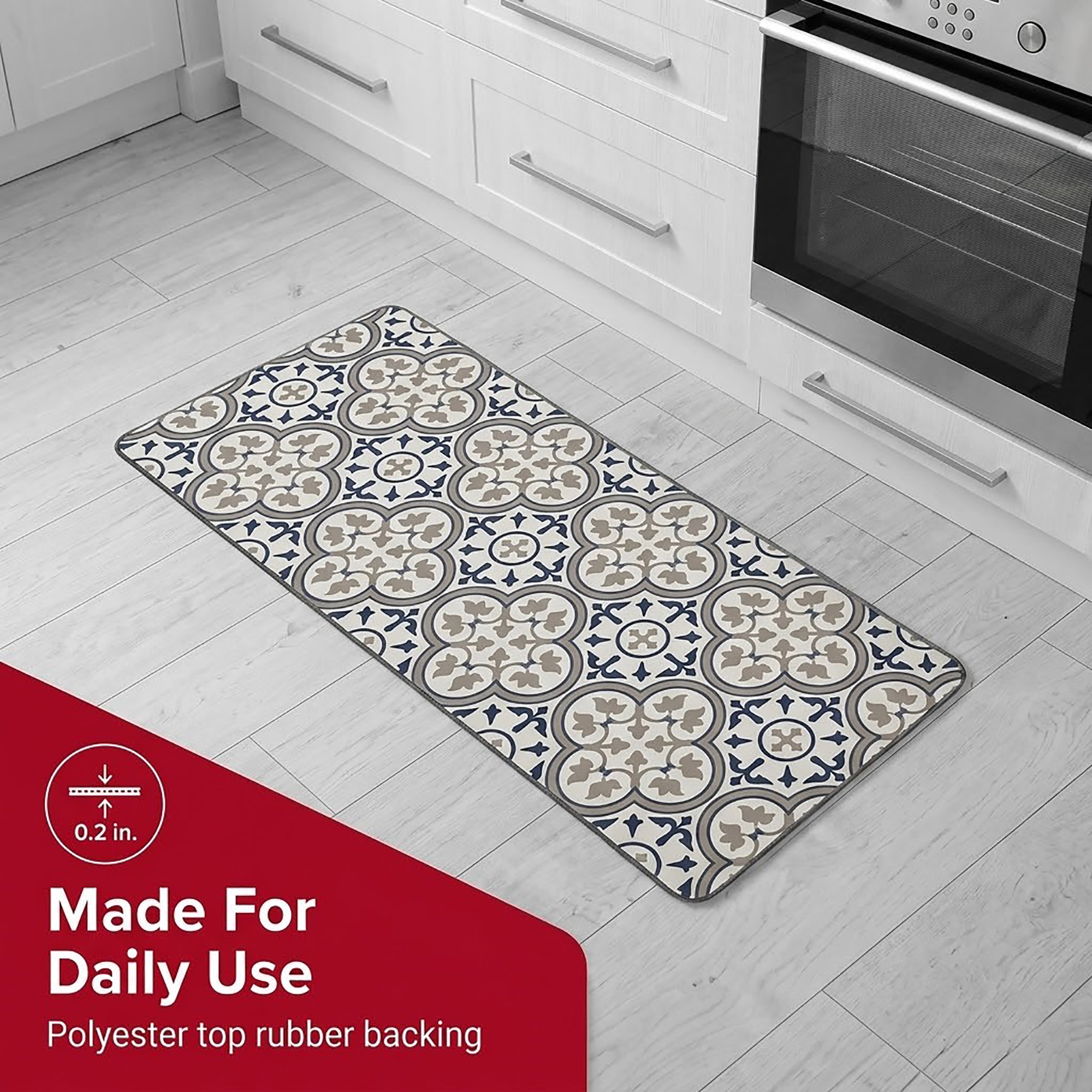 The kitchen runner on a light floor beside white cabinets and an oven, noted at zero point two inches thick with polyester top and rubber backing.