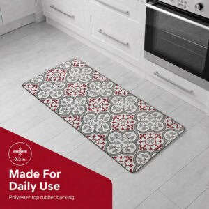 The kitchen runner on a light floor beside white cabinets and an oven, noted at zero point two inches thick with polyester top and rubber backing.