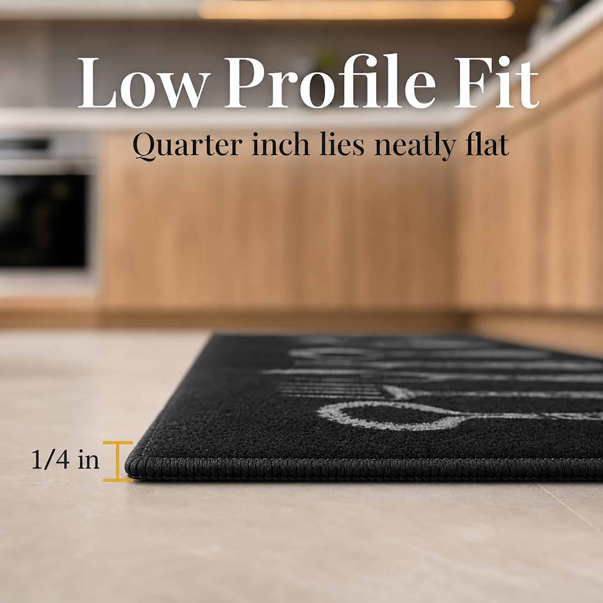 Side view of the black kitchen set resting flat on the floor, labeled one quarter inch to show its slim low profile height.