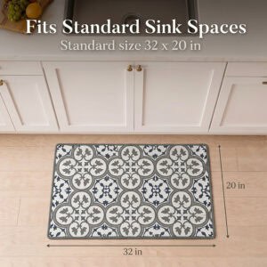 The standard kitchen mat shown on the floor below a sink with dimension arrows, measuring thirty-two inches wide by twenty inches deep.