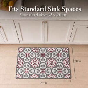 The standard kitchen mat shown on the floor below a sink with dimension arrows, measuring thirty-two inches wide by twenty inches deep.