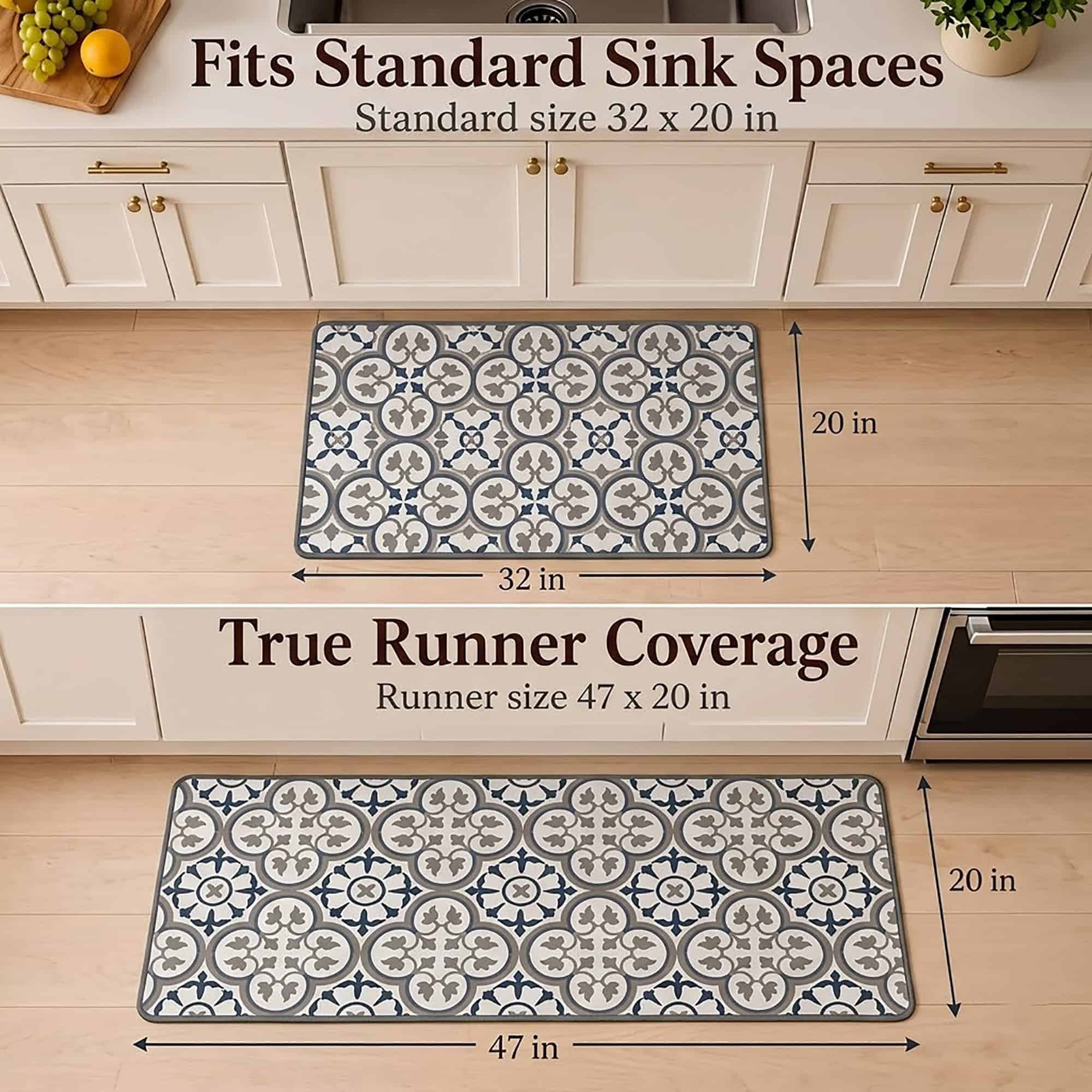 Both kitchen mats shown with dimension arrows, the standard mat measuring thirty-two by twenty inches and the runner measuring forty-seven by twenty inches.
