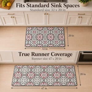 Both kitchen mats shown with dimension arrows, the standard mat measuring thirty-two by twenty inches and the runner measuring forty-seven by twenty inches.