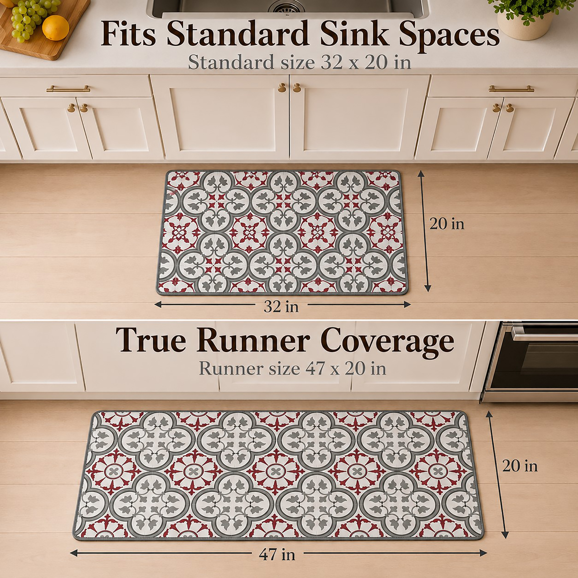 Both kitchen mats shown with dimension arrows, the standard mat measuring thirty-two by twenty inches and the runner measuring forty-seven by twenty inches.