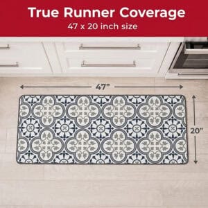 The kitchen runner shown on the floor with dimension arrows, measuring forty-seven inches long by twenty inches deep for full counter coverage.