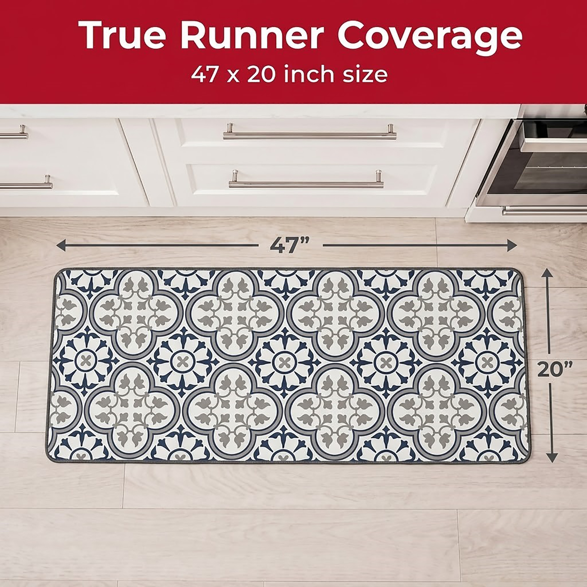 The kitchen runner shown on the floor with dimension arrows, measuring forty-seven inches long by twenty inches deep for full counter coverage.