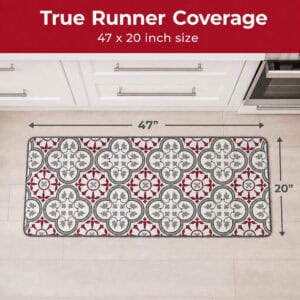 The kitchen runner shown on the floor with dimension arrows, measuring forty-seven inches long by twenty inches deep for full counter coverage.