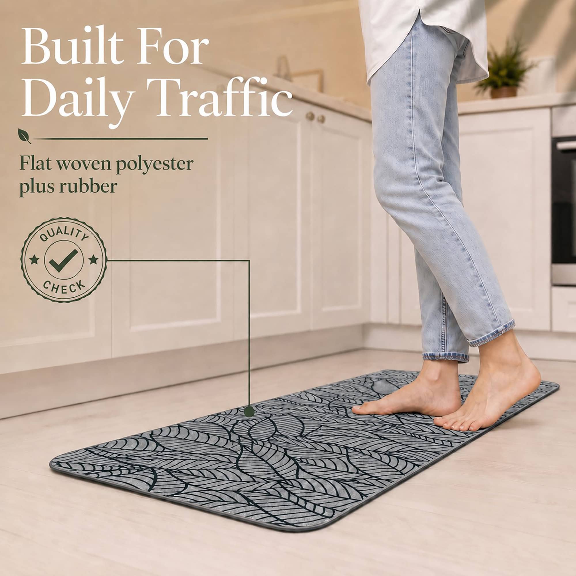 Grey leaf-print kitchen runner showing its flat woven polyester surface and rubber backing, built to handle daily foot traffic.