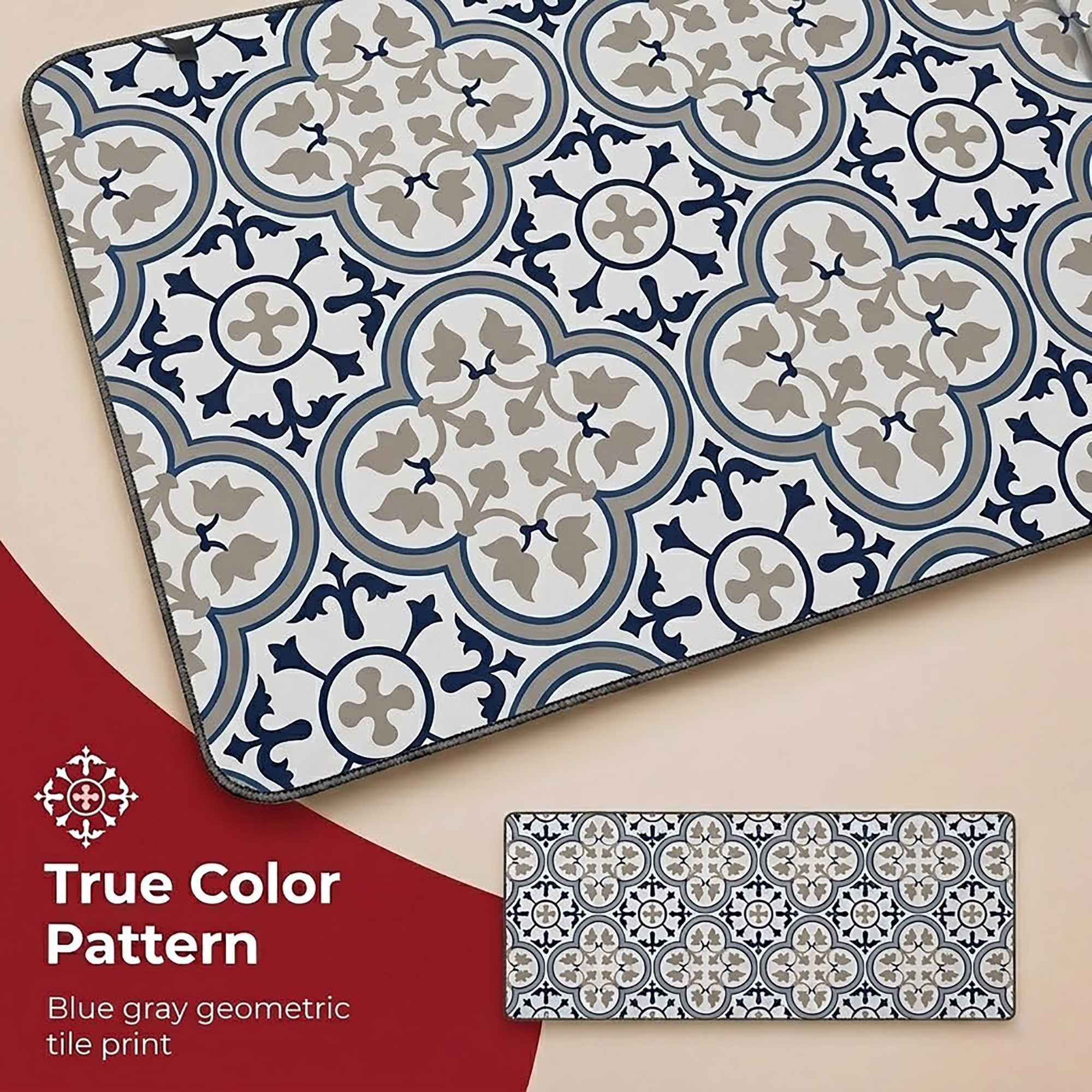 Close-up of the kitchen runner surface showing the blue and gray geometric tile print with quatrefoil and floral motifs in sharp, true color detail.