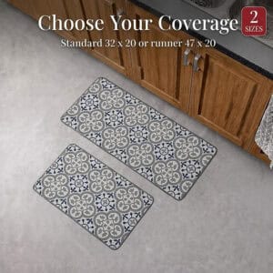 Both the standard mat and the longer runner shown together near wood cabinets, noting two available sizes, thirty-two by twenty and forty-seven by twenty inches.