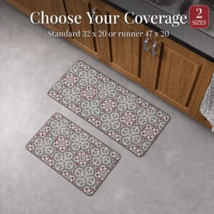 Both the standard mat and the longer runner shown together near wood cabinets, noting two available sizes, thirty-two by twenty and forty-seven by twenty inches.