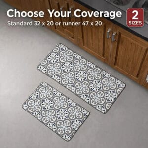 Both the runner and the smaller standard mat shown together near wood cabinets, offered in two sizes, forty-seven by twenty and thirty-two by twenty inches.
