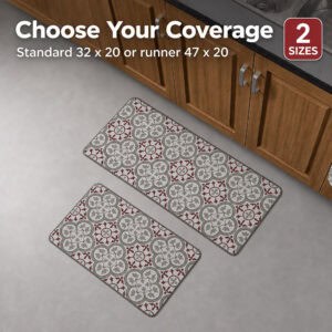 Both the runner and the smaller standard mat shown together near wood cabinets, offered in two sizes, forty-seven by twenty and thirty-two by twenty inches.