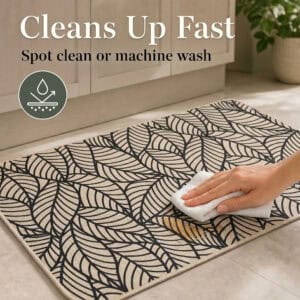 Hand wiping a beige leaf-print kitchen mat with a white cloth, showing it can be spot cleaned or machine washed.