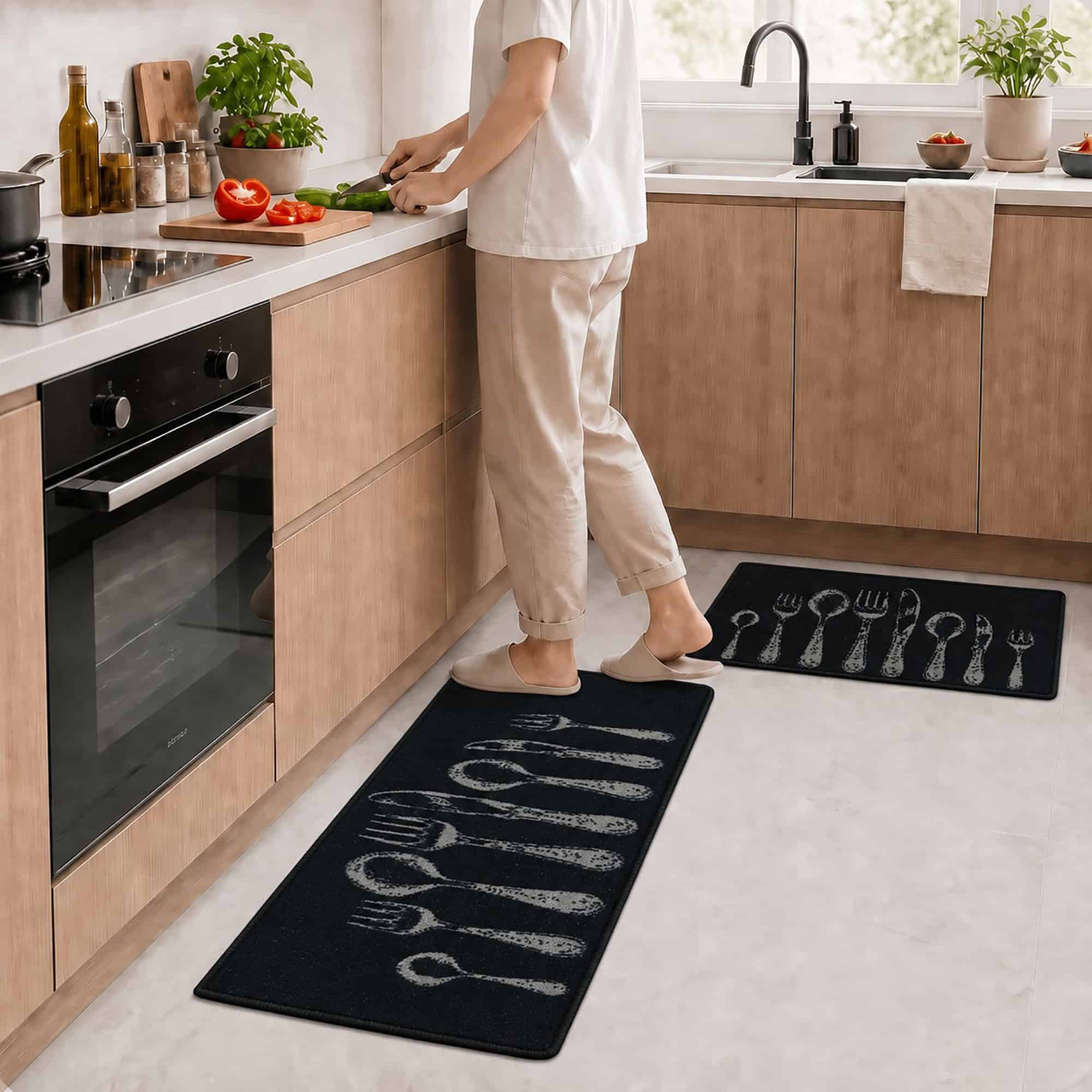 Black mat and runner set placed together along white cabinets in a bright kitchen, styling both pieces of the two piece set in a real setting.