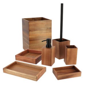 7-piece set including soap dispenser, toothbrush holder, trays, toilet brush holder, and waste basket.
