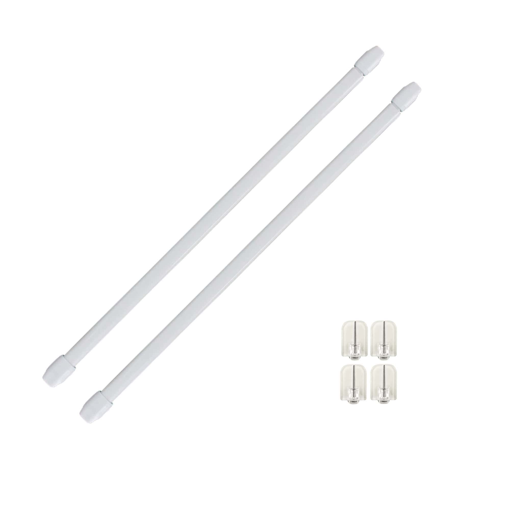 Set of two white adjustable cafe curtain rods shown beside four clear adhesive mounting hooks on a plain white background, a no drill kit for small windows.