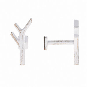 White and gold branch shaped curtain tieback hook, front and side view