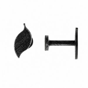 Black and silver distressed leaf shaped curtain tieback hook, front and side view