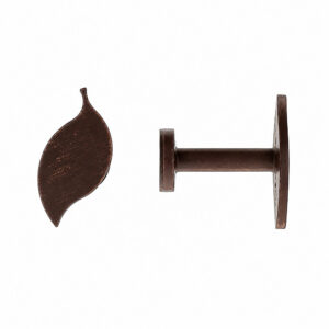 Rust and gold distressed leaf shaped curtain tieback hook, front and side view