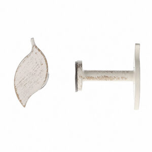 White and gold distressed leaf shaped curtain tieback hook, front and side view
