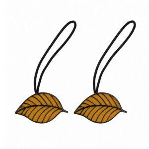 Set of 2 yellow magnetic leaf curtain tiebacks with leather cords on white background