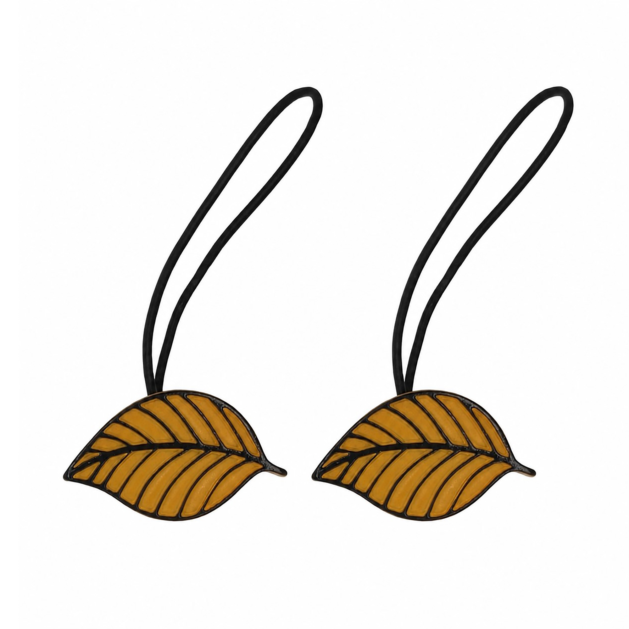 Set of 2 yellow magnetic leaf curtain tiebacks with leather cords on white background