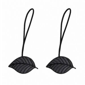 Set of 2 gray magnetic leaf curtain tiebacks with leather cords on white background
