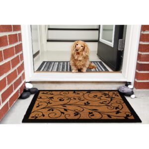 dog at entrance door with coco doormat outside on the floor