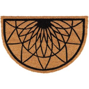 half-round coconut fibers doormat with black geometric print on white background