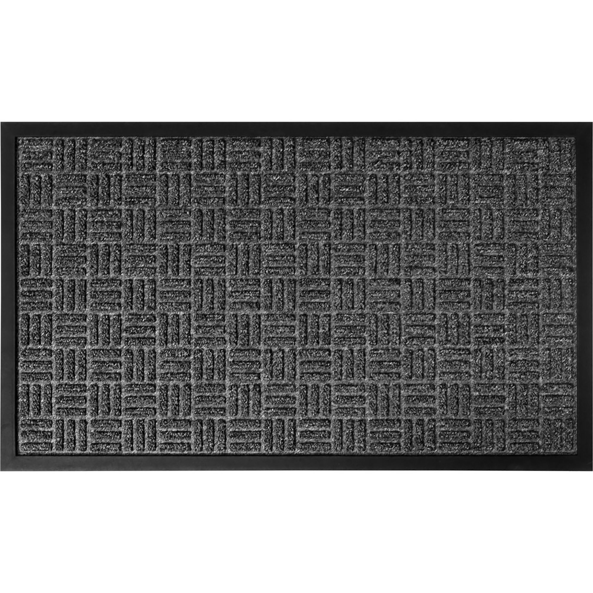 Gray checkerboard doormat with black border on white background