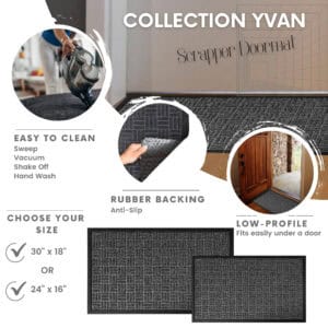 Gray checkerboard doormat centered in bright foyer with tiled floor