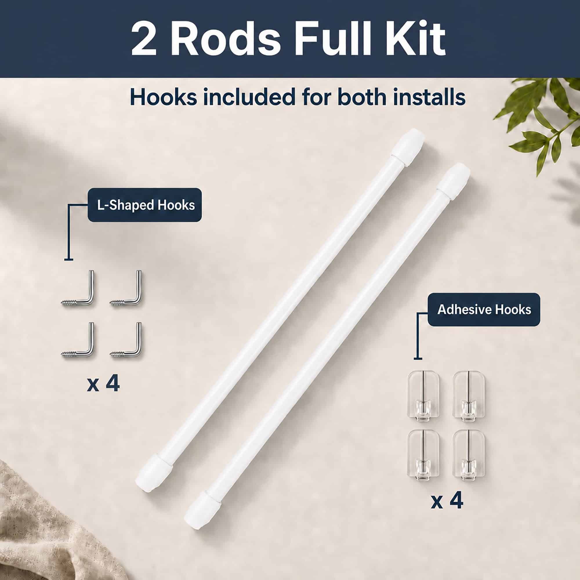 Full cafe rod kit showing two white rods with four screw in L hooks and four clear adhesive hooks, one mounting option for both wood and PVC frames.