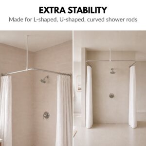 White ceiling support rod adds extra stability to L-shaped, U-shaped, and curved shower curtain rods, ceiling-mounted brace