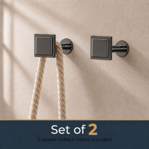 Set of 2 graphite square curtain tieback hooks mounted on a beige wall, one holding a rope tieback