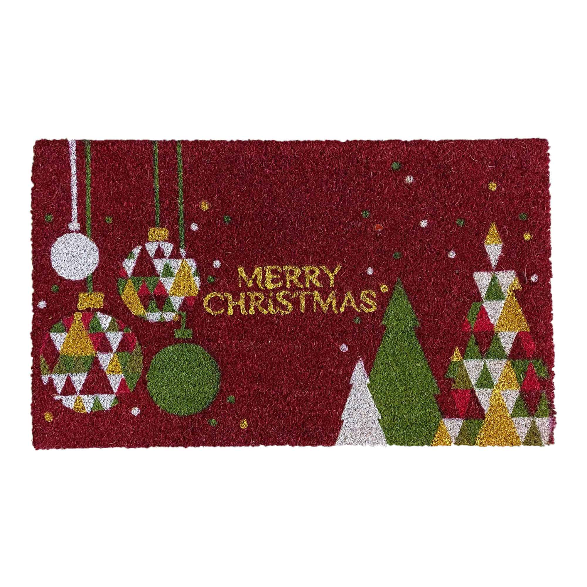red christmas door mat with seasonal decorations in gold, green, white