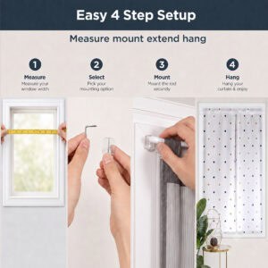 Four step setup guide showing how to measure the window width, select a mounting option, mount the rod securely, then hang a light cafe curtain.