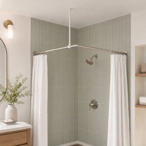 White ceiling support rod installed on L-shaped shower rod in modern sage green tile corner shower with white curtains