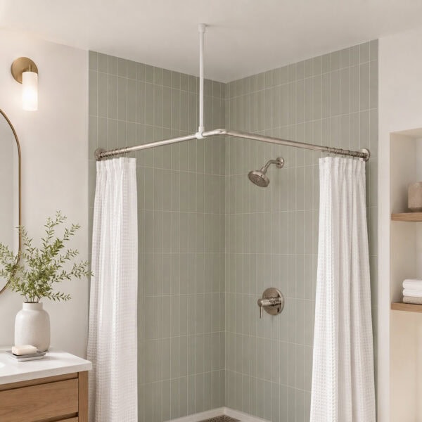 White ceiling support rod installed on L-shaped shower rod in modern sage green tile corner shower with white curtains