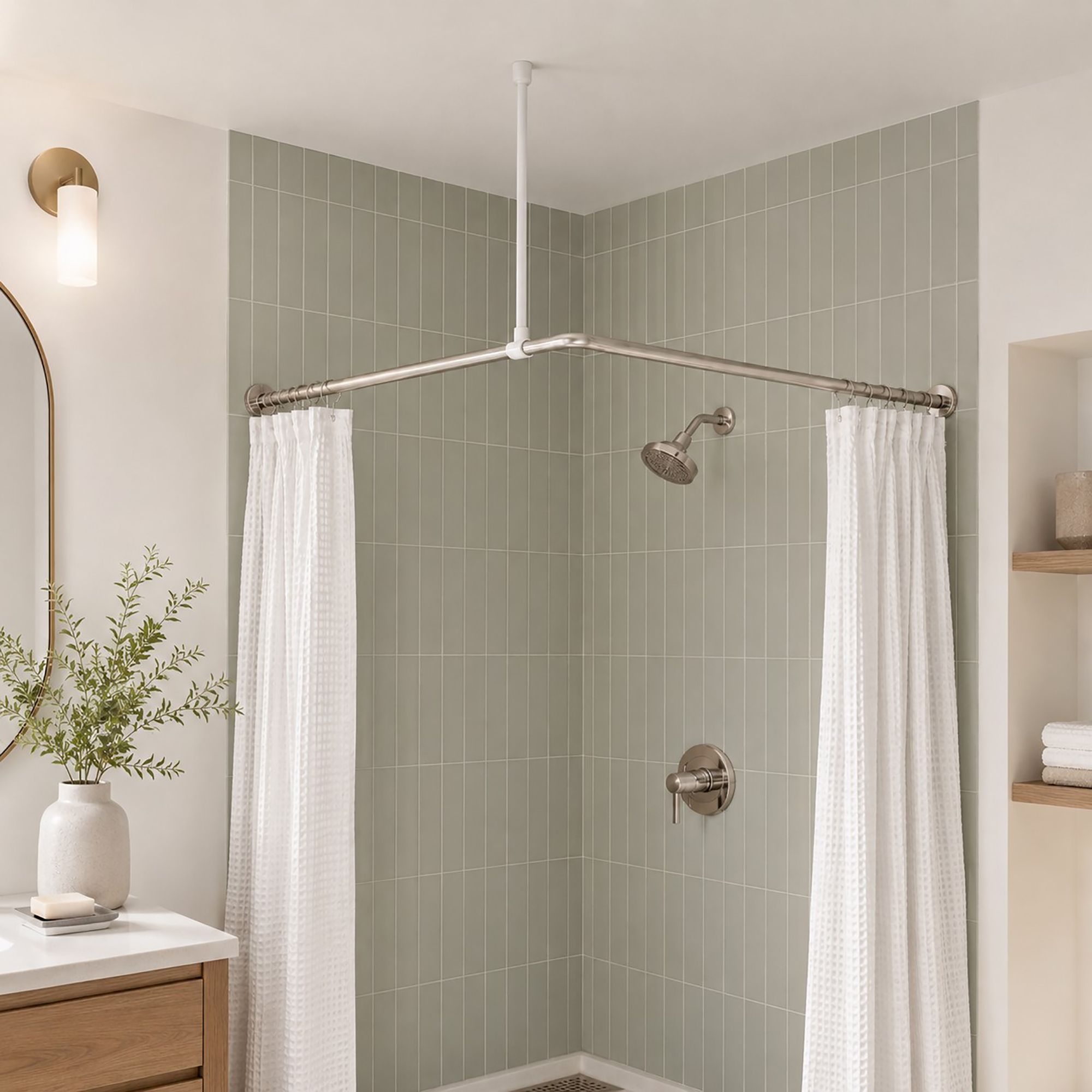 White ceiling support rod installed on L-shaped shower rod in modern sage green tile corner shower with white curtains