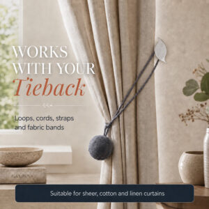 Leaf tieback hook used with cord, strap, fabric band and loop tiebacks on sheer cotton and linen panels