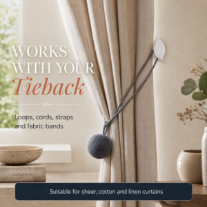 Leaf tieback hook used with cord, strap, fabric band and loop tiebacks on sheer cotton and linen panels