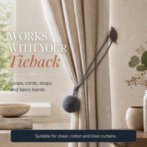Leaf tieback hook used with cord, strap, fabric band and loop tiebacks on sheer cotton and linen panels