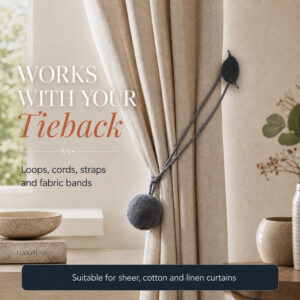 Leaf tieback hook used with cord, strap, fabric band and loop tiebacks on sheer cotton and linen panels