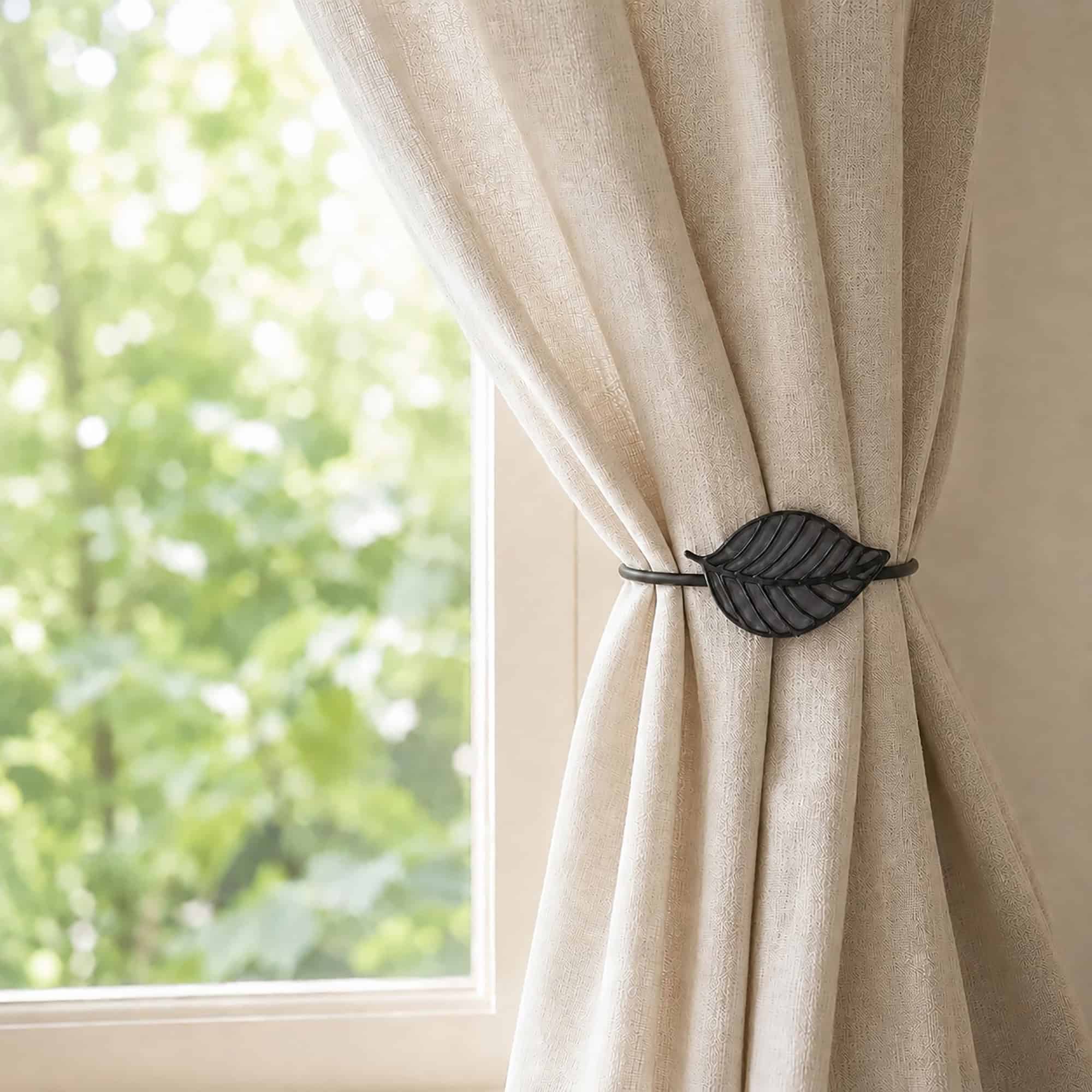 Gray leaf tieback holding a linen curtain back beside a sunny window