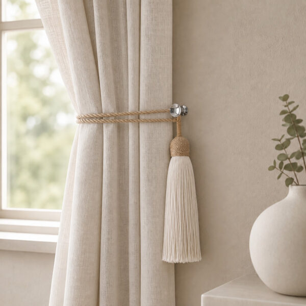Chrome round holdback gathering neutral linen drapes with a rope tassel tieback in a living room
